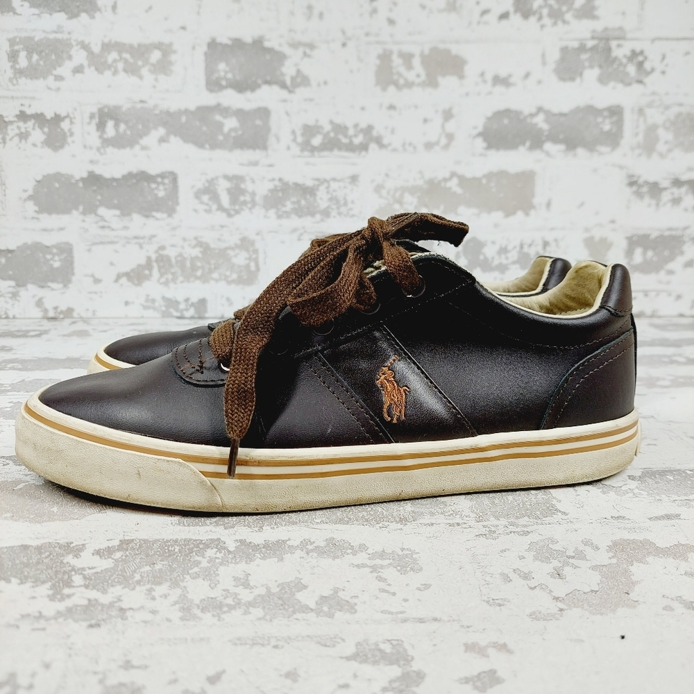 Polo Ralph Lauren Hanford Brown Leather Lace Up Fashion Tennis Sneakers V511 - Picture 1 of 11